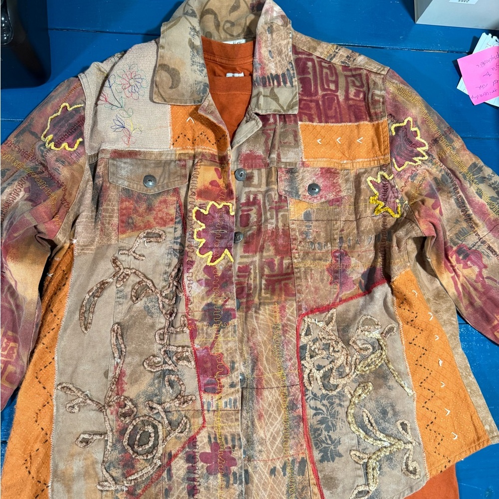 Boho Fall embroidered flowers browns oranges Patchwork Multicolor Women's Blazer